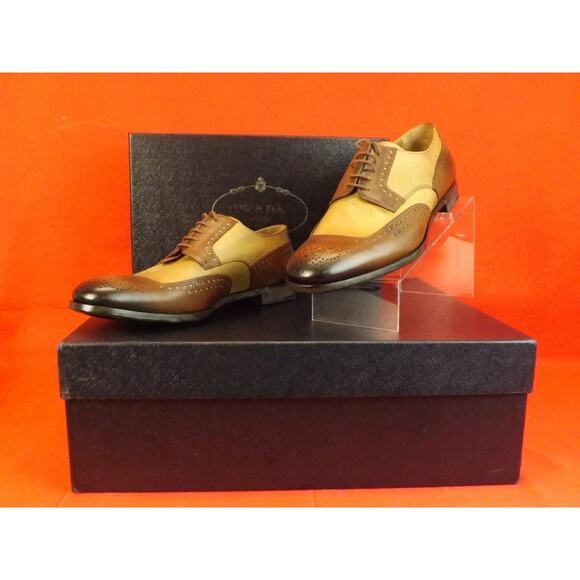 NIB PRADA 2EF020 BURNISHED BROWN TAN LEATHER BROGUE OXFORDS TREES SET 9